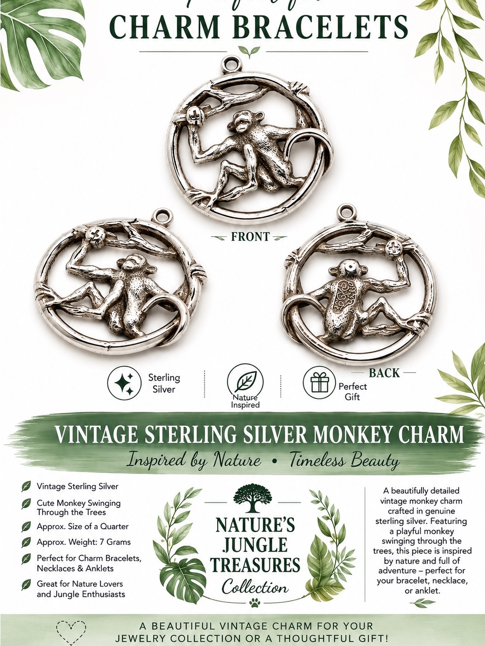 Vintage Sterling Silver Monkey Charm Pendant -